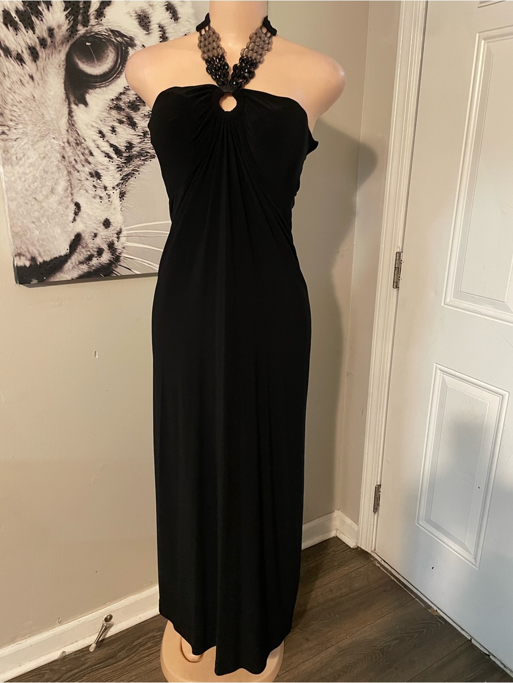Vintage Y2K C Graffiti bodycon jewel Halter Maxi Dress sleek date night goth fit